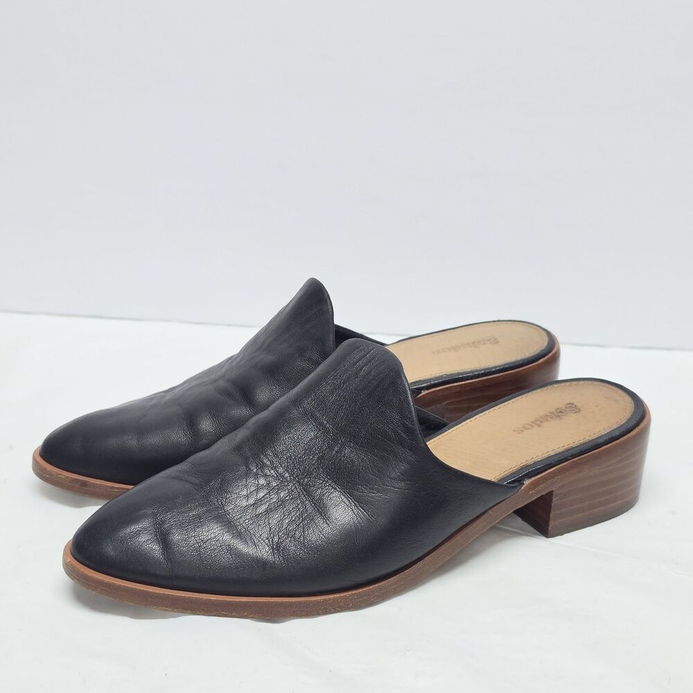 Soludos Venetian Black Leather Block Heel Mules Women 8 Classic Old Money City